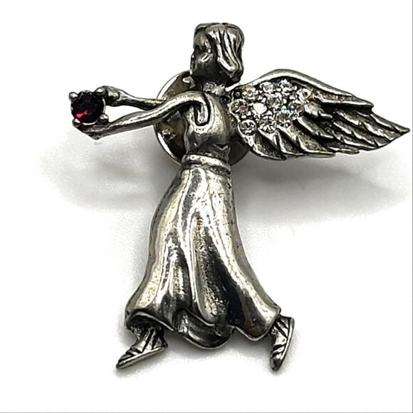 "5/$25" Vintage Pewter Garnet & Crystal Angel Brooch Tac Pin - Picture 1 of 4
